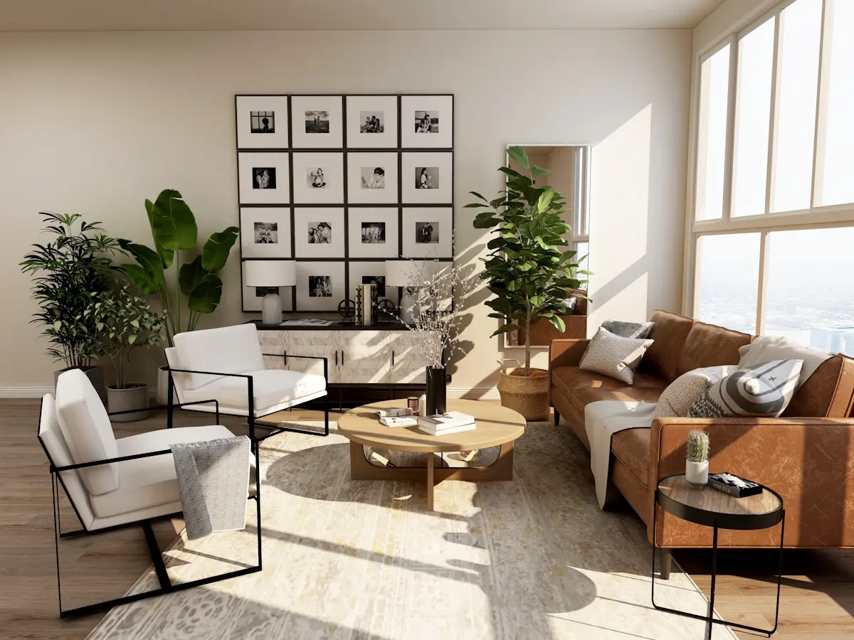 Monoambiente moderno con balcón y vista urbana
